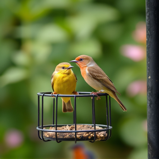 Garden bird perched on caged feeder