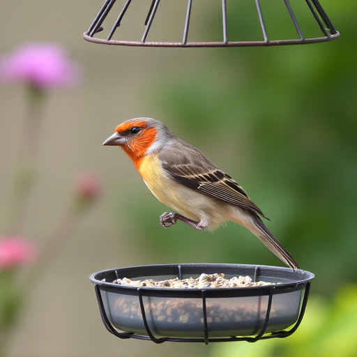 Garden bird perched on caged feeder