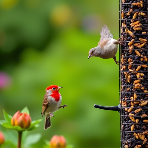 Garden birds at squirrel-resistant seed tube