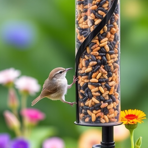 Garden birds at squirrel-resistant seed tube
