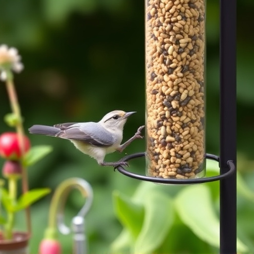 Garden birds at squirrel-resistant seed tube