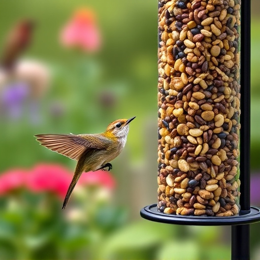 Garden birds at squirrel-resistant seed tube