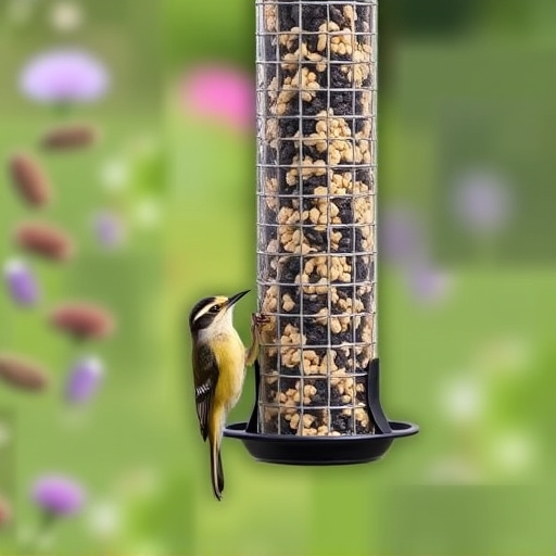 Garden birds at squirrel-resistant seed tube