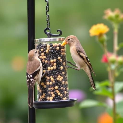 Garden birds at squirrel-resistant seed tube