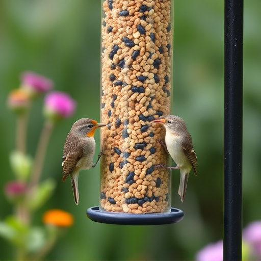 Garden birds at squirrel-resistant seed tube