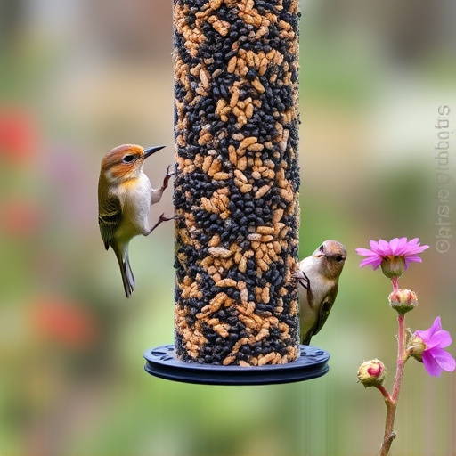 Garden birds at squirrel-resistant seed tube