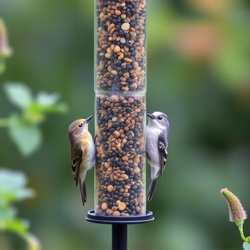 Garden birds at squirrel-resistant seed tube