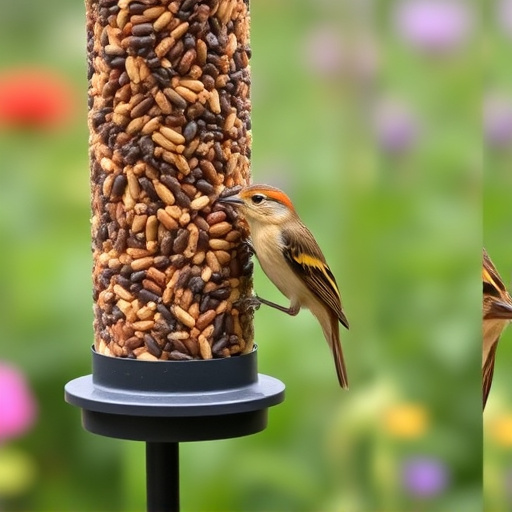 Garden birds at squirrel-resistant seed tube