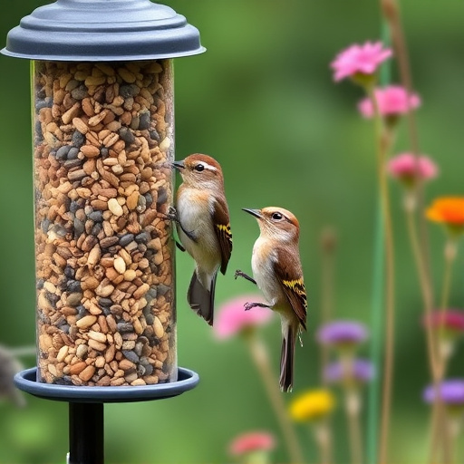 Garden birds at squirrel-resistant seed tube