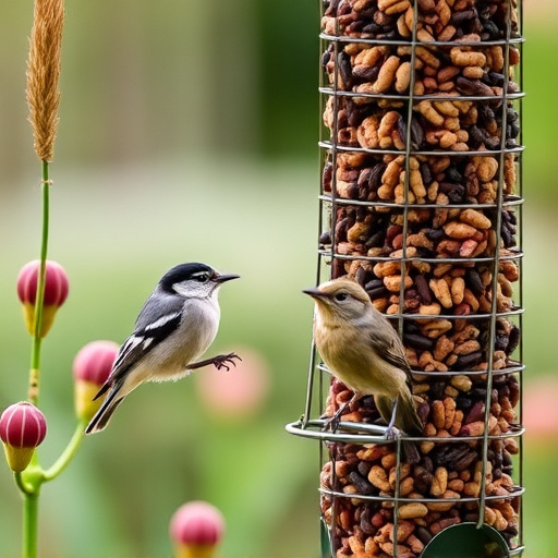 Garden birds at squirrel-resistant seed tube