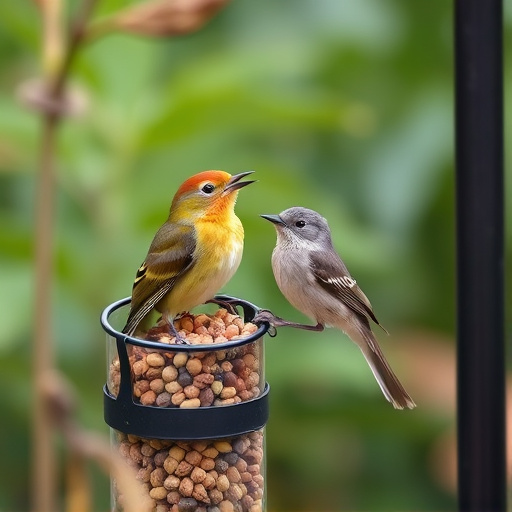 Garden birds at squirrel-resistant seed tube