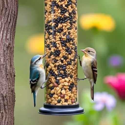 Garden birds at squirrel-resistant seed tube