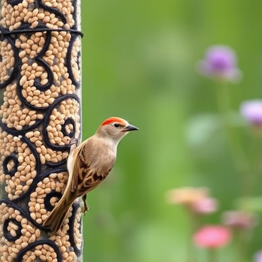 Garden birds at squirrel-resistant seed tube
