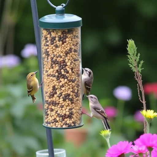 Garden birds at squirrel-resistant seed tube