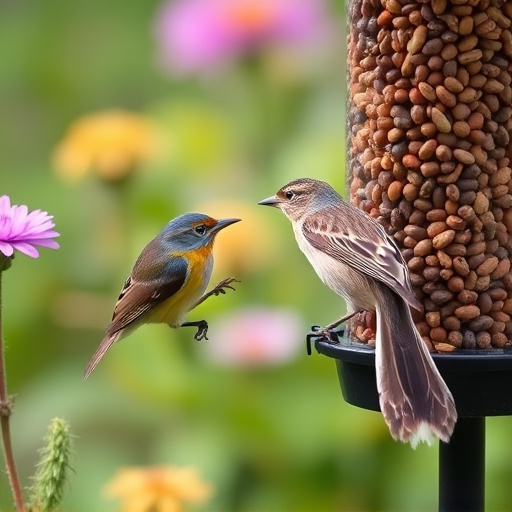 Garden birds at squirrel-resistant seed tube