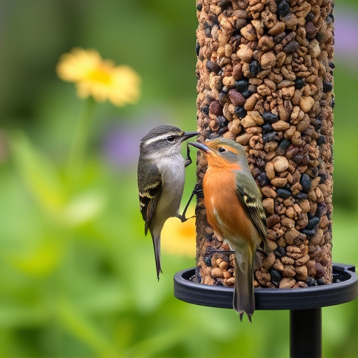 Garden birds at squirrel-resistant seed tube