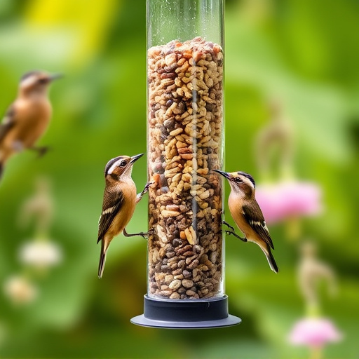 Garden birds at squirrel-resistant seed tube