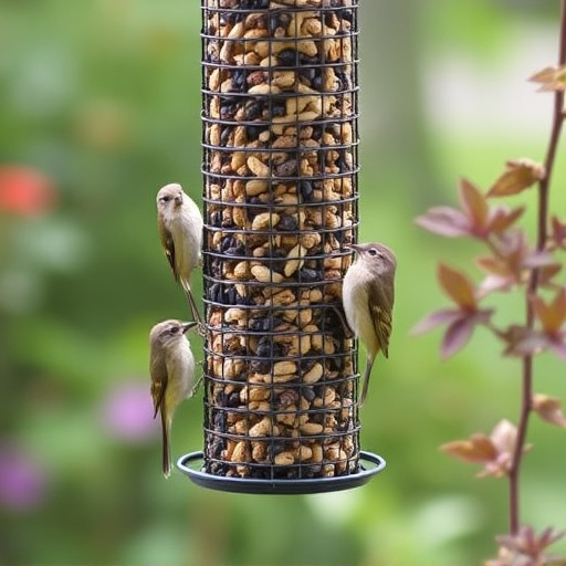 Garden birds at squirrel-resistant seed tube