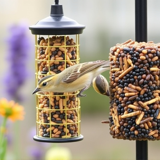 Garden birds at squirrel-resistant seed tube