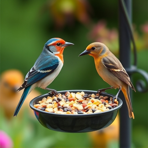 Garden birds eating mixed seed blend