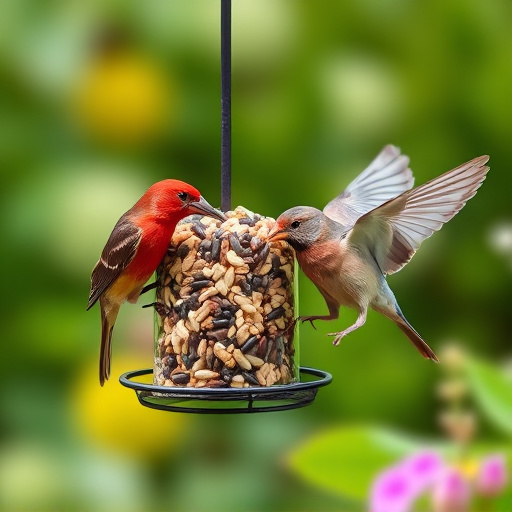 Garden birds eating mixed seed blend
