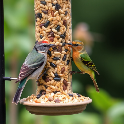 Garden birds eating mixed seed blend