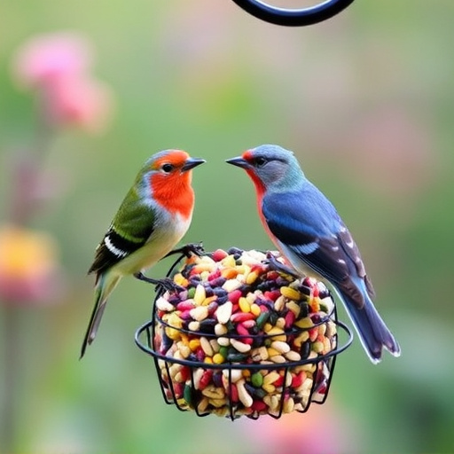 Garden birds eating mixed seed blend