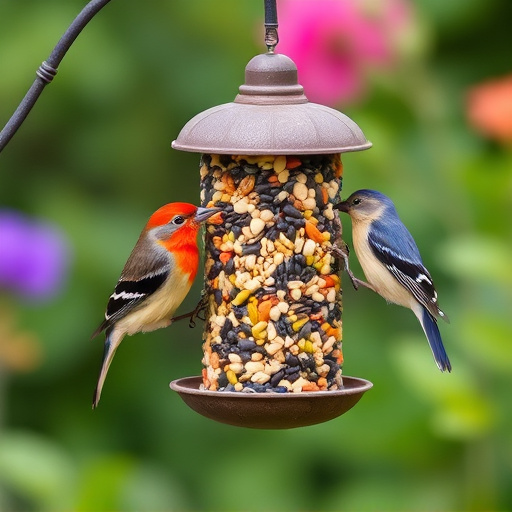 Garden birds eating mixed seed blend