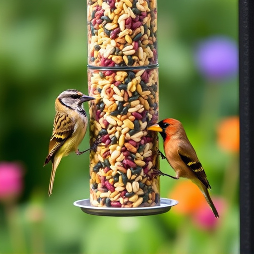 Garden birds eating mixed seed blend