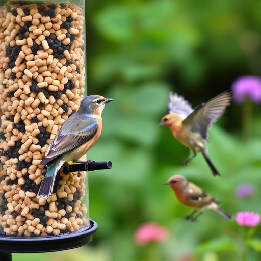 Garden birds enjoying suet pellets