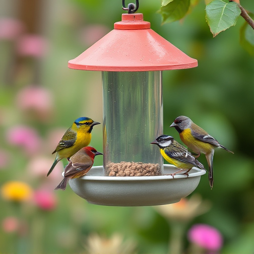Garden birds feeding at feeder station