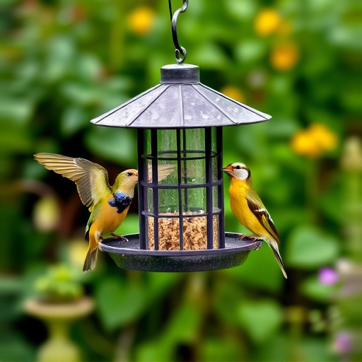 Garden birds feeding at feeder station
