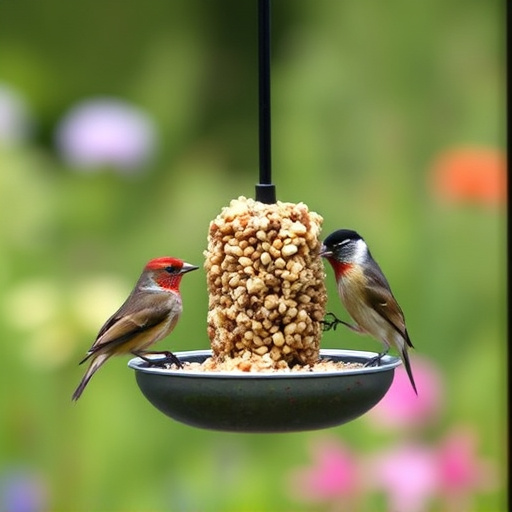 Garden birds feeding from suet ball feeder
