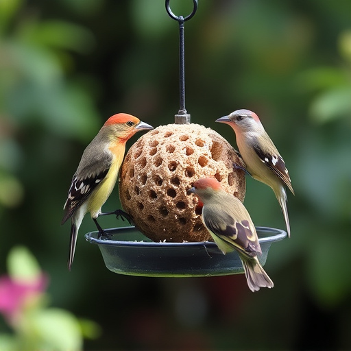 Garden birds feeding from suet ball feeder