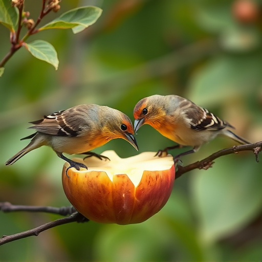 Garden birds feeding on chopped apple