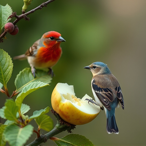 Garden birds feeding on chopped apple