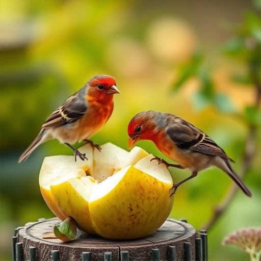 Garden birds feeding on chopped apple