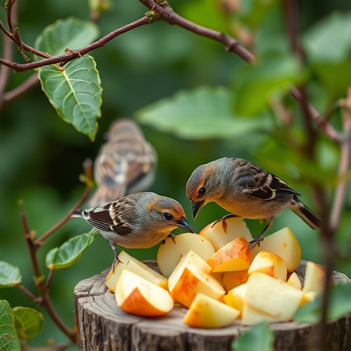 Garden birds feeding on chopped apple