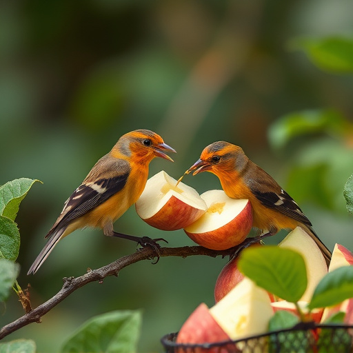 Garden birds feeding on chopped apple