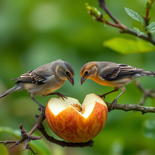Garden birds feeding on chopped apple