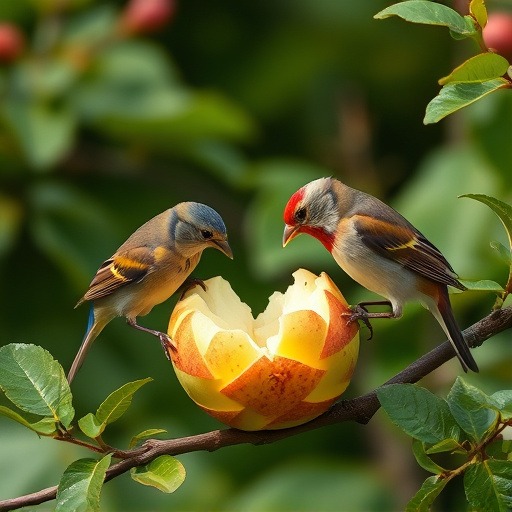Garden birds feeding on chopped apple