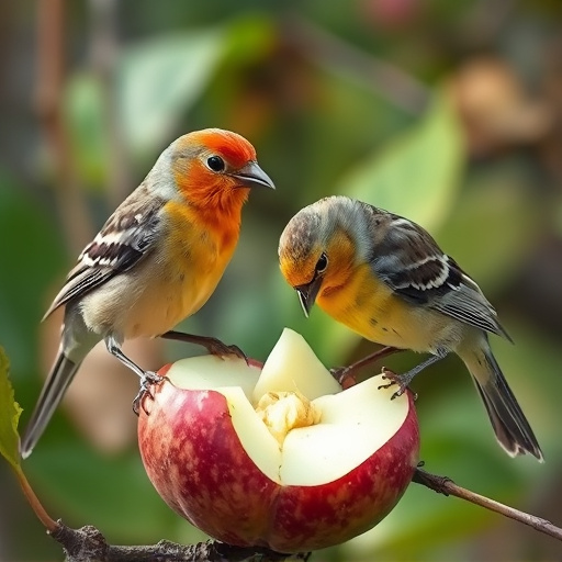 Garden birds feeding on chopped apple
