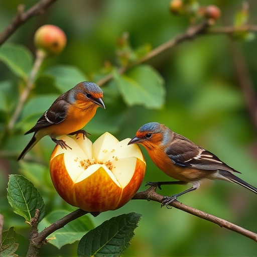 Garden birds feeding on chopped apple