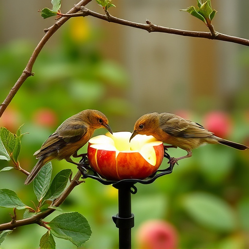 Garden birds feeding on chopped apple