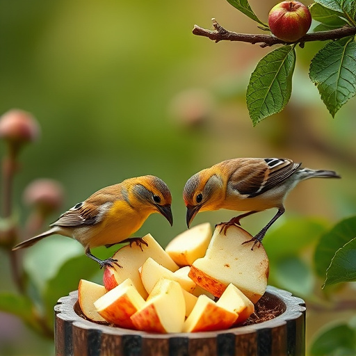 Garden birds feeding on chopped apple