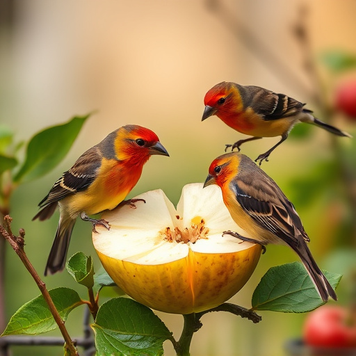 Garden birds feeding on chopped apple