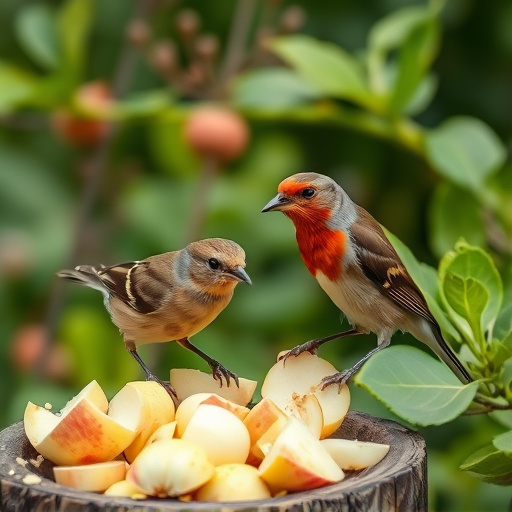 Garden birds feeding on chopped apple