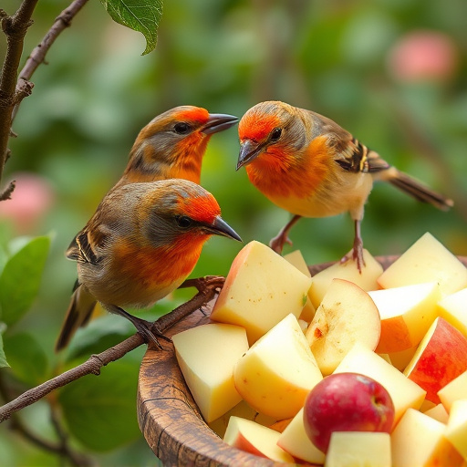 Garden birds feeding on chopped apple