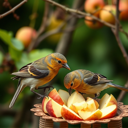 Garden birds feeding on chopped apple