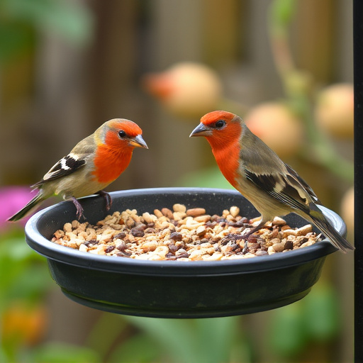 Garden birds feeding on seed tray
